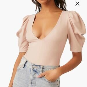 Free People Intimately Free People Pink V-Neck Puff Sleeve Bodysuit Thong XS